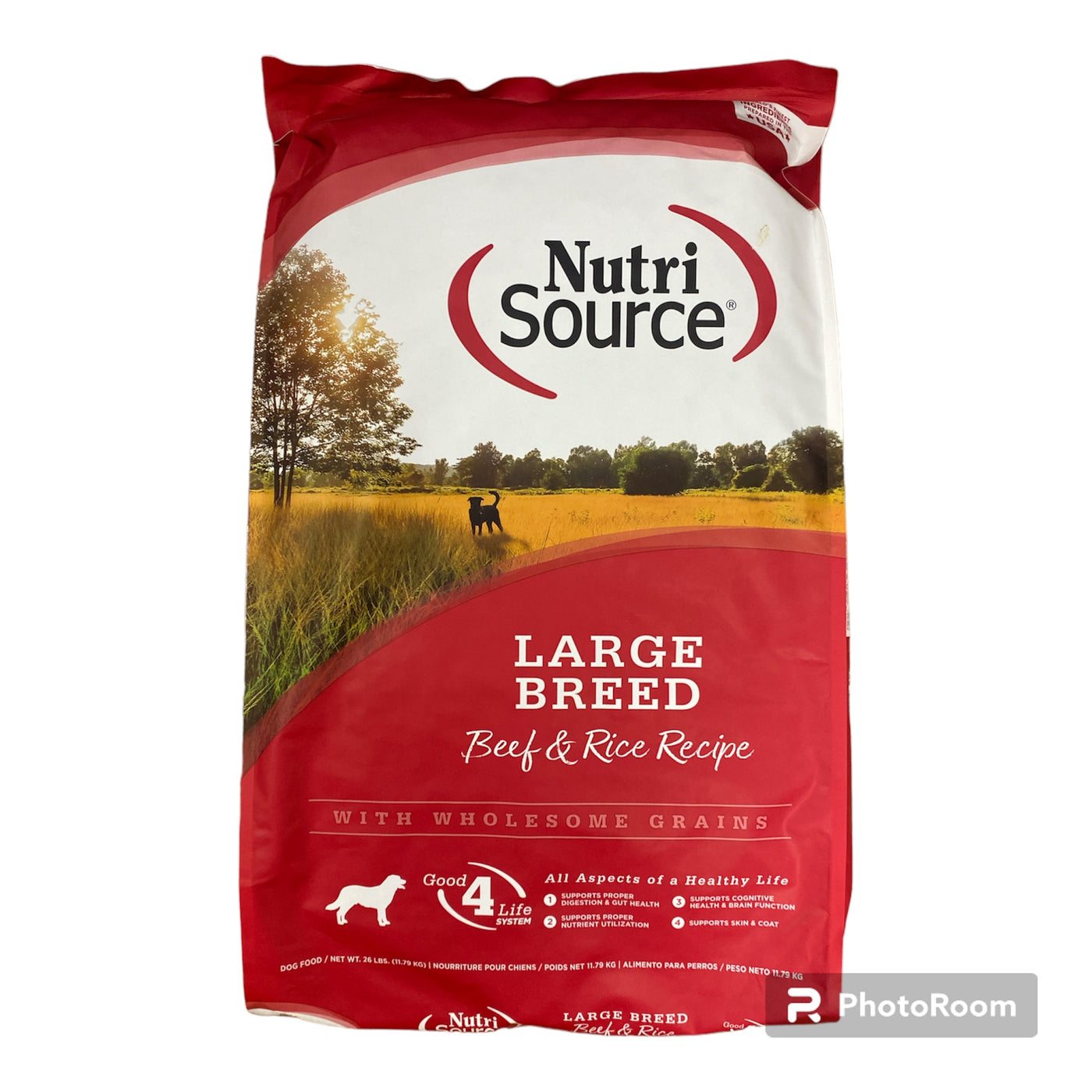 Large breed beef and rice dog food bag