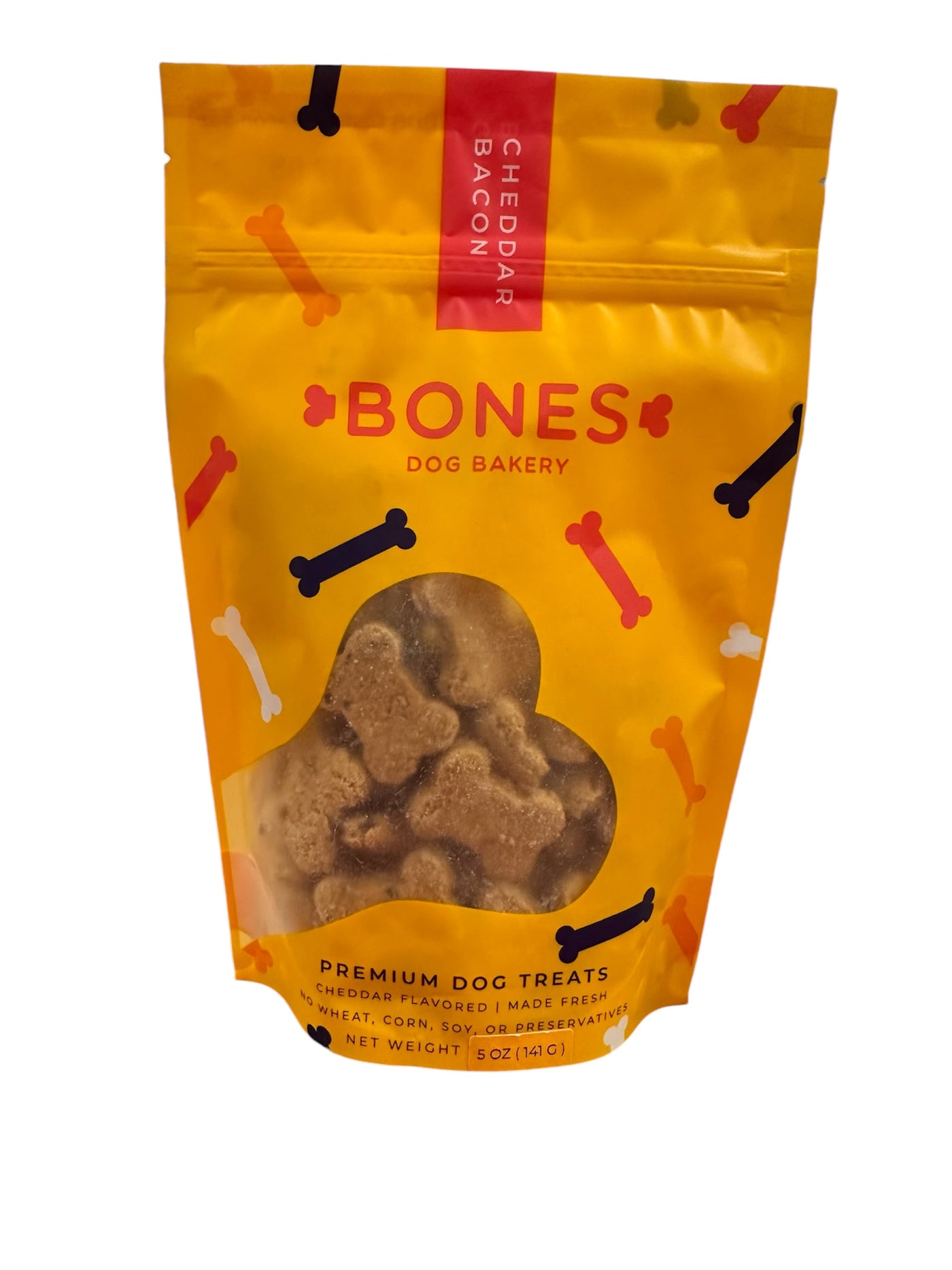 Premium dog treats with Bacon and Cheddar cheese. Your dog's gonna love them.