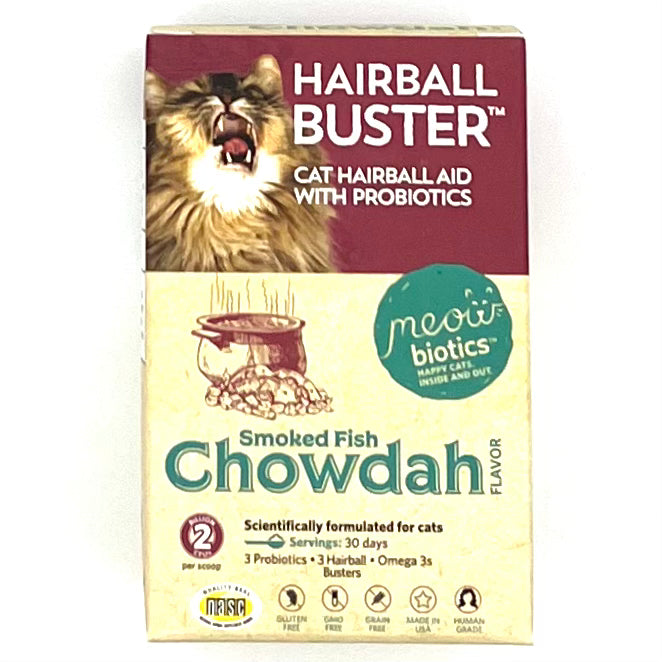 Hair ball buster smoked fish chowdah cat food bag